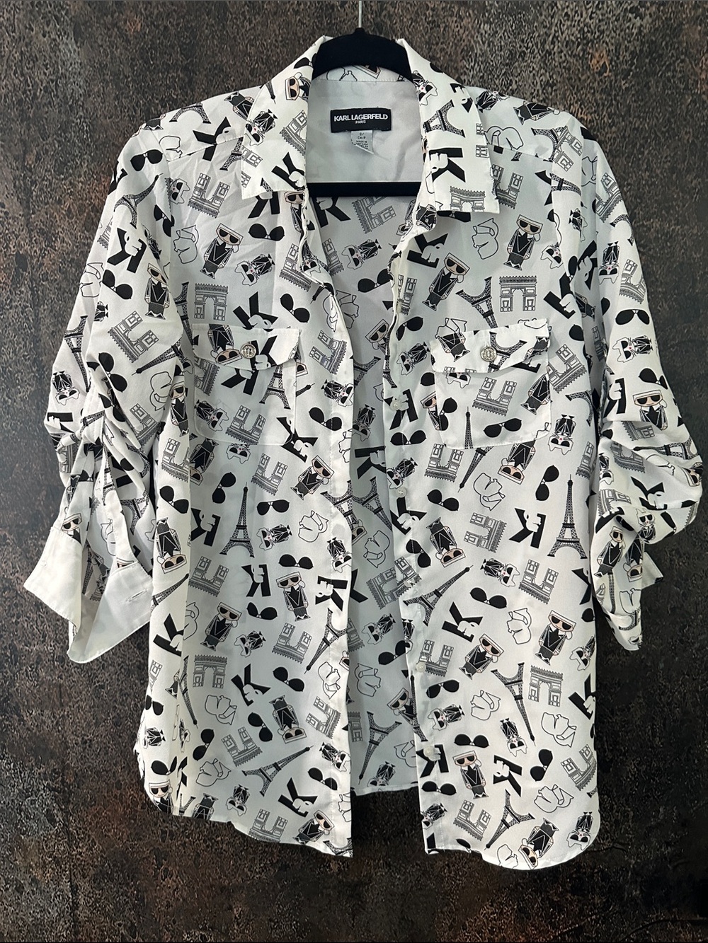 Karl Lagerfeld White Button-Down Shirt with Black Graphic Print size S